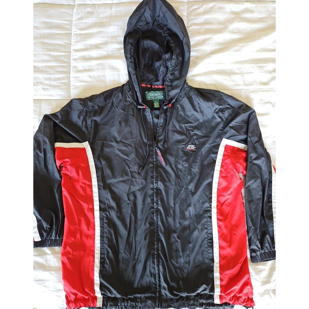 Vintage Lauren Ralph Lauren Hooded Black Red Windbreaker Jacket Men's Large